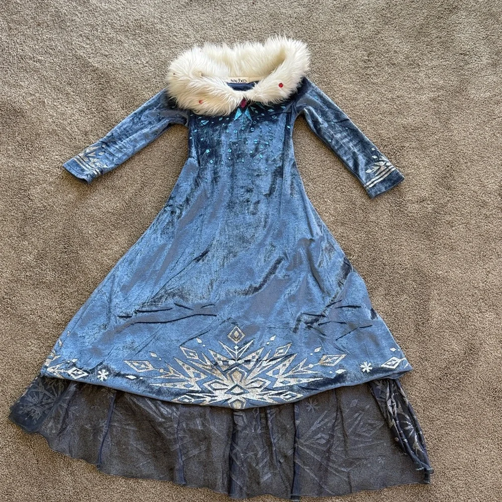 Blue Velvet Dress with Faux Fur Collar - Picture 3 of 6